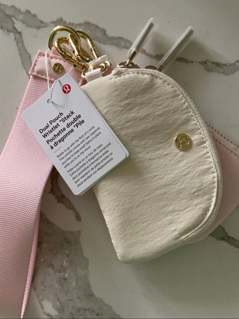 lululemon athletica Dual Pouch Wristlet Stack — Cream with Pink Strap